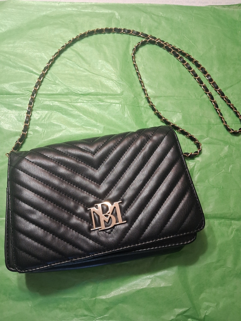 Badgley Mischka Black Leather Quilted Crossbody with Gold Chain